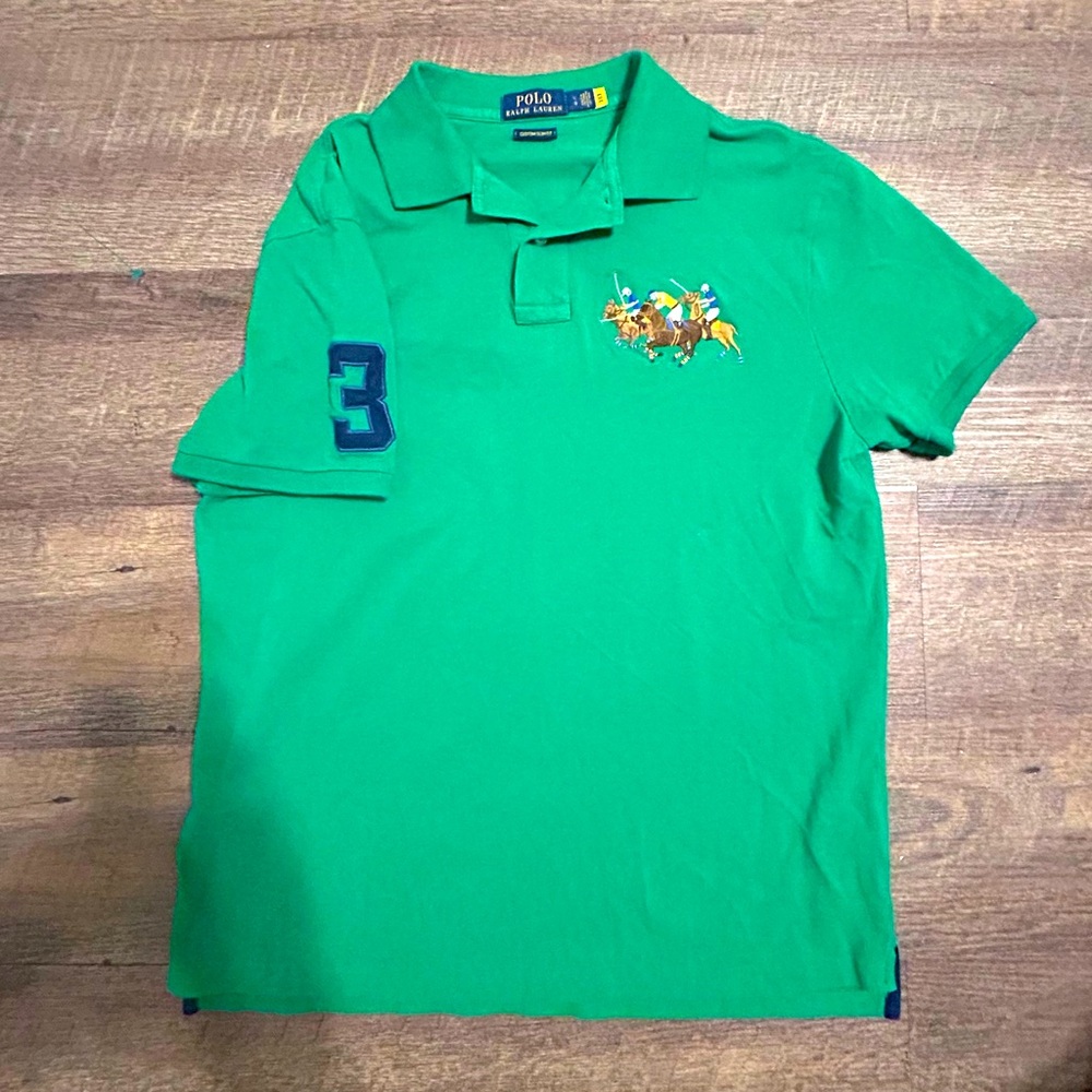 Polo Ralph Lauren Green Custom SLIM FIT Triple Pony Polo Shirt Mens Size Large